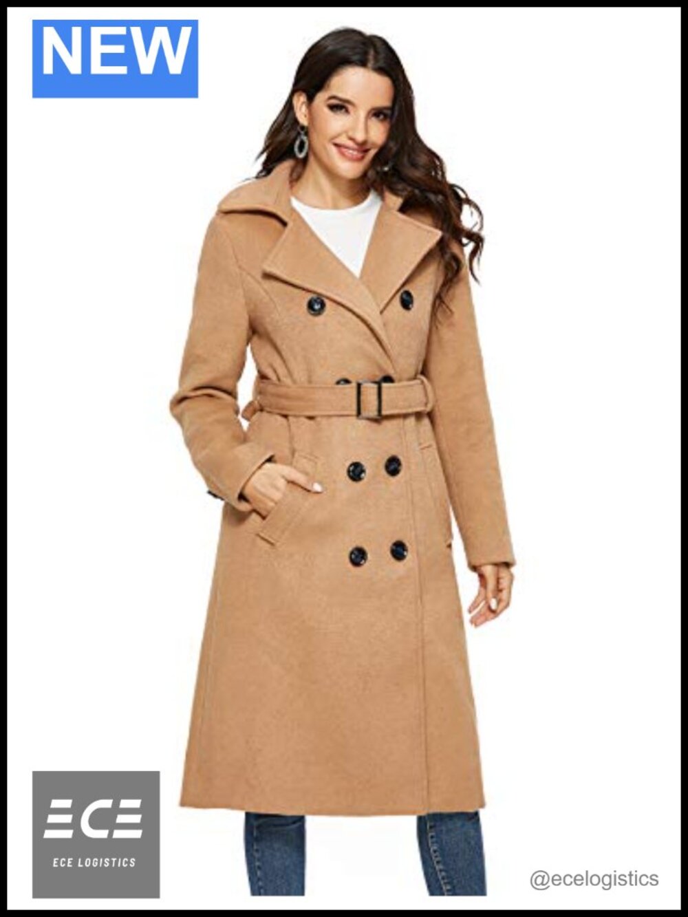 Escalier Wool Blend Pea Coat Double Breasted Long Trench Belted Winter